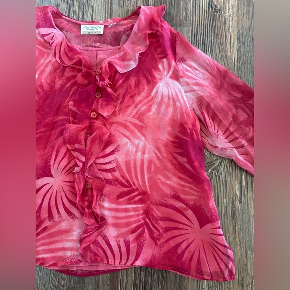 New York City Design Tropical Blouse Ruffles Pink Red White Built-in Tank No Sz - Picture 8 of 10
